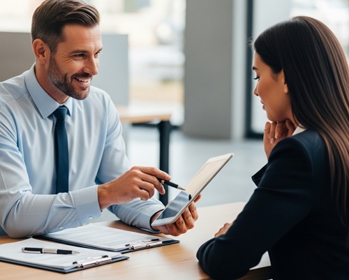 Consultant discussing documents with a client